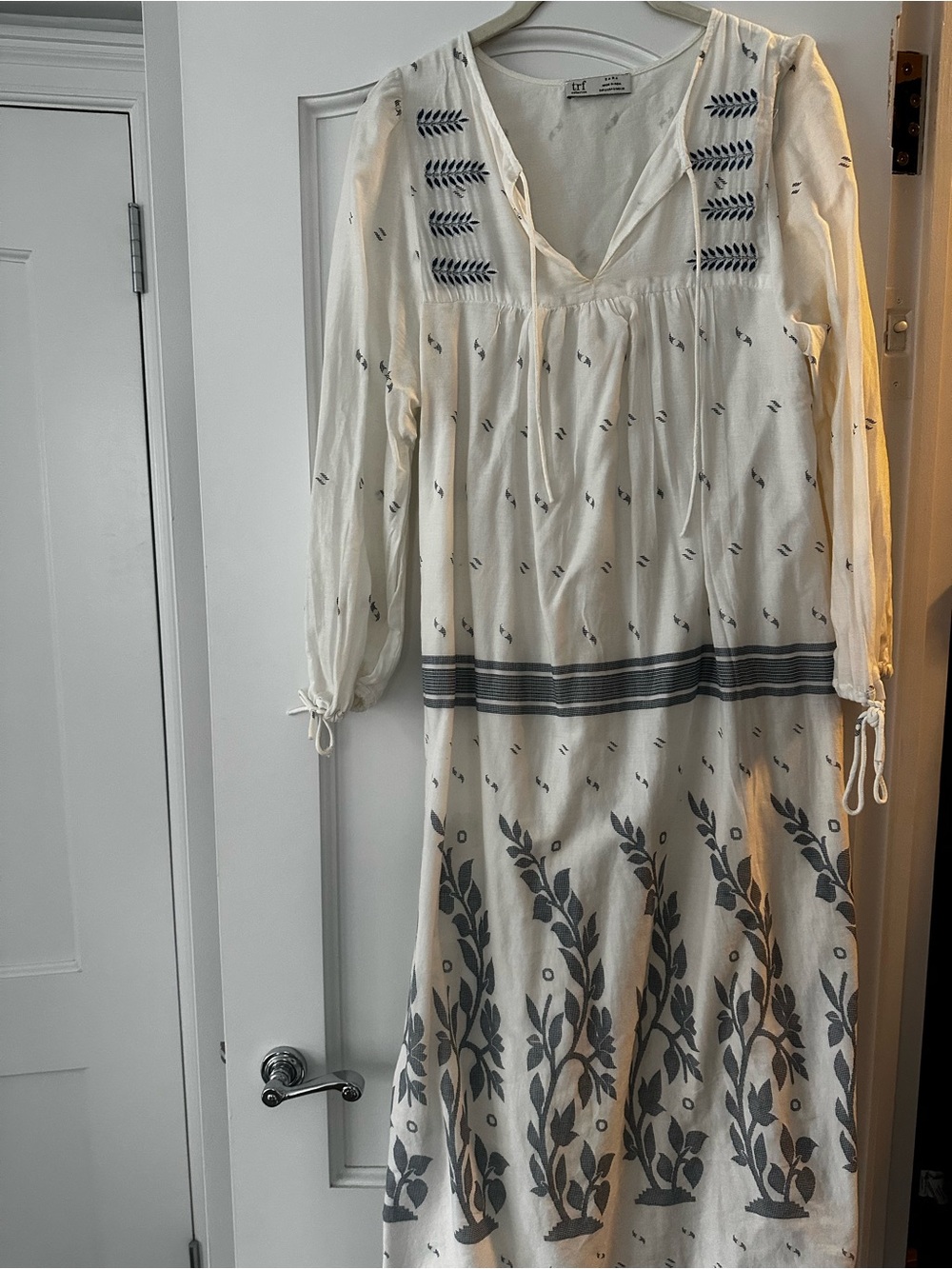 Zara White Maxi Dress with Navy Botanical Print